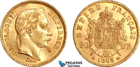 France, Napoleon III, 20 Francs 1865 A, Paris Mint, Gold (6.45g, 0.1867 oz AGW) EF-UNC