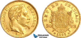 France, Napoleon III, 20 Francs 1865 BB, Strasbourg Mint, Gold (6.45g, 0.1867 oz AGW) EF+