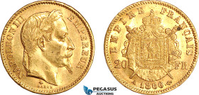 France, Napoleon III, 20 Francs 1866 A, Paris Mint, Gold (6.45g, 0.1867 oz AGW) EF-UNC