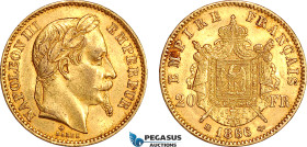 France, Napoleon III, 20 Francs 1866 BB, Strasbourg Mint, Gold (6.45g, 0.1867 oz AGW) EF+