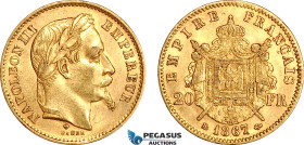 France, Napoleon III, 20 Francs 1867 BB (Small), Strasbourg Mint, Gold (6.45g, 0.1867 oz AGW) EF+