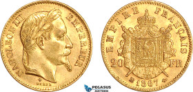 France, Napoleon III, 20 Francs 1867 BB (Large), Strasbourg Mint, Gold (6.45g, 0.1867 oz AGW) EF-UNC