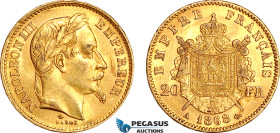France, Napoleon III, 20 Francs 1868 A, Paris Mint, Gold (6.45g, 0.1867 oz AGW) EF