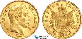 France, Napoleon III, 20 Francs 1868 BB, Strasbourg Mint, Gold (6.45g, 0.1867 oz AGW) EF+