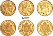 France, Napoleon III, Group lot of 3x 20 Francs: 2x 1865 A & 1868 A, Gold (Total weight: 0.56 oz AGW)