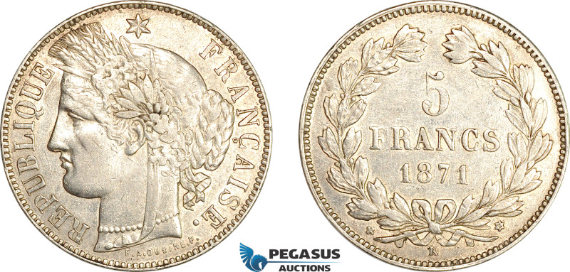France, Third Republic, 5 Francs 1871 K, M in star Variety, Bordeaux Mint, Silve...