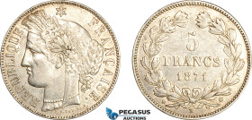 France, Third Republic, 5 Francs 1871 K, M in star Variety, Bordeaux Mint, Silver, F.332/8, Some remaining luster! VF-EF