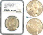 Germany, Hesse-Darmstadt, Ludwig III, Taler 1863, Silver, J. 59, Blast white with full Mint bloom, severly undergraded, NGC MS62, Top Pop! Single fine...