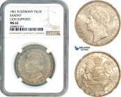 Germany, Saxony, Johann V, Taler 1861 B, Dresden Mint, Silver, AKS 134, Lion Supports, Very lustrous! NGC MS62
