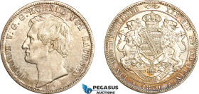 Germany, Saxony, Johann V, Taler 1870 B, Dresden Mint, Silver, AKS 137, Arms, Amber toning, EF-UNC