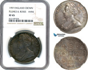 England, Anne, Crown 1707 Plumes & Roses, SEXTO edge, London Mint, Silver, Spink 3578, Dark violet toning, NGC XF45