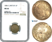 Great Britain, Victoria, Sixpence (6p) 1886, London Mint, Silver, Spink 3912, Superb greyish toning! NGC MS66, Top Pop!