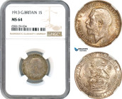 Great Britain, George V, 1 Shilling 1913, London Mint, Silver, KM# 816, Beautiful grey toning! NGC MS64