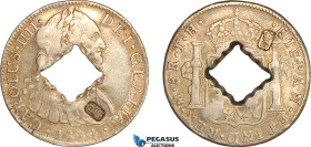 Guadeloupe - Mexico, George III, 9 Livres (9 Shillings), ND (1811) Countermarked with Raised crowned "G" within shaped indent applied to obverse at 5 ...