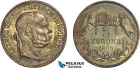 Hungary, Franz Joseph, 5 Korona 1900 KB, Kremnitz Mint, Silver, Frühwald 2106, Cleaned long ago, now retoned, Impaired Proof, Conditionally Rare!