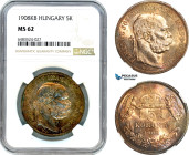 Hungary, Franz Joseph, 5 Korona 1908 KB, Kremnitz Mint, Silver, Frühwald 2109, Violet magenta toning! NGC MS62