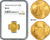 Hungary, Franz Joseph, 20 Korona 1893 KB, Kremnitz Mint, Gold, Frühwald 2083, Flashy, NGC MS62