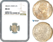 India (British) Victoria, 2 Annas 1862 C, Calcutta Mint, Silver, KM# 469, Light amber toning! NGC MS65