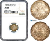 India (British) George V, 2 Annas 1914 B, Bombay Mint, Silver, KM# 515, Amber/green toning! NGC MS65, Top Pop! Only 2 graded at this level!