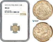Iran, Reza Shah, 1/4 Rial SH1315 (1936) Silver, KM# 1127, Amber toning! NGC MS64