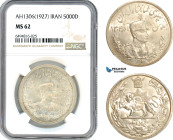 Iran, Reza Shah, 5000 Dinar AH1306 (1927) L, Leningrad Mint, Silver, KM# 1106, A flashy coin with light toning! NGC MS62