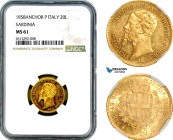Italy, Sardinia, Vittorio Emmanuele II, 20 Lire 1858 Anchor P, Genoa Mint, Gold, KM# 146, Prooflike fields in Obv., NGC MS61
