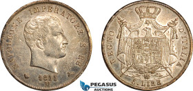 Italy, Kingdom of Napoleon, 5 Lire 1811 M, Milan Mint, Silver, KM# 10, Dark toning! EF-UNC