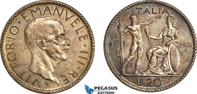 Italy, Vittorio Emanuele III, 20 Lire 1928 VI R, Rome Mint, Silver, KM# 69, Old cleaning and now retoned! EF