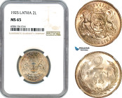 Latvia, 2 Lati 1925, London Mint, Silver, KM# 8, Champagne toning with full Mint lustre, NGC MS65