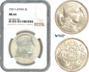 Latvia, 5 Lati 1931, London Mint, Silver, KM# 9, Blast white! NGC MS64