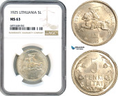 Lithuania, 5 Litai 1925, Silver, KM# 78, Very lustrous! NGC MS63