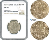Nepal, Rajendra Bikram Shah, 1 Mohar SE1757 (1835) Silver, KM# 565, NGC MS63, Top Pop! Single finest graded!