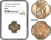 Netherlands East Indies, VOC, 1 Duit 1754, Holland Arms, Silver, KM# 111, Fantastic magenta/amber toning! NGC MS62