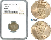 Netherlands West Indies, 2 Stuiver (Double Stuiver) 1794 W, Utrecht Mint, Silver, KM# 1, Light champagne toning! NGC MS64, Pop 2/1