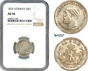 Norway, Oscar II, 50 Øre 1874, Kongsberg Mint, Silver, KM# 346, NGC AU58
