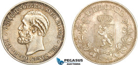 Norway, Oscar II, 2 Kroner 1888, Kongsberg mint, Silver, NM. 20, Old cabinet toning! Solid EF, A rare key date!