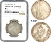 Norway, Haakon VII, 2 Kroner 1914 "Constitution Centennial" Kongsberg Mint, Silver, NM. 11, NGC MS63