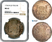 Peru, Ferdinand VI. of Spain, 8 Reales 1754 LM JD, Lima Mint, Silver, KM# 55.1, Violet/amber toning! NGC MS62