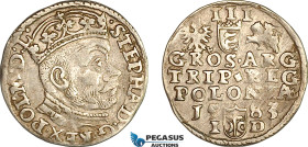 Poland, Stefan Bathory, Trojak (3 Groschen) 1583 ID, Olkusz Mint, Silver (2.29 g) Iger O.83.3f (R1) Toned, VF