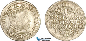 Poland, Stefan Bathory, Trojak (3 Groschen) 1586 ID/NH, Olkusz Mint, Silver (2.31 g) Iger O.86.1a (R1) Cleaned, VF-EF