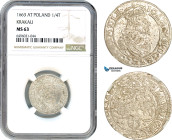 Poland, John II. Casimir, Szostak (6 Groschen) 1663 AT, Krakow Mint, Silver, Kop. 1669, NGC MS63 (Wrongly attributed as 1/4T on the NGC label)