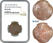 Poland, Revolutionary Coinage, 3 Grosze 1831 KG, KM C# 120, Hints of red lustre, clipped edge, very flashy! NGC MS64BN