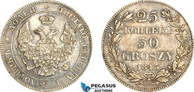 Poland, Nicholas I. of Russia, 25 Kopeks / 50 Groszy 1845 MW, Warsaw Mint, Silver, Bit. 1251 R, Lightly cleaned, partly toned! VF-EF