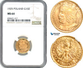Poland, 10 Zlotych 1925 (Boleslaw Chrobry) Warsaw Mint, Gold, KM Y# 32, Prooflike appearance! NGC MS64