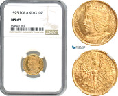 Poland, 10 Zlotych 1925 (Boleslaw Chrobry) Warsaw Mint, Gold, KM Y# 32, Prooflike appearance! NGC MS65