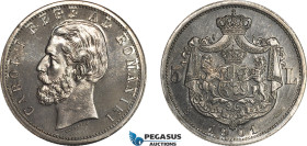 Romania, Carol I, Pattern 5 Lei 1901 B, Hamburg Mint, Lead (29.76g) Reeded edge, coin rotation, Schäffer/Stambuliu - (Unpublished) Brilliant UNC, Extr...