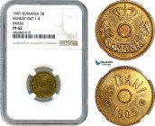 Romania, Carol I, Pattern 5 Bani 1905, Brussels mint, Brass, No center hole, coin rotation, Schäffer/Stambuliu 047-1.4, NGC PF62, Rare!
