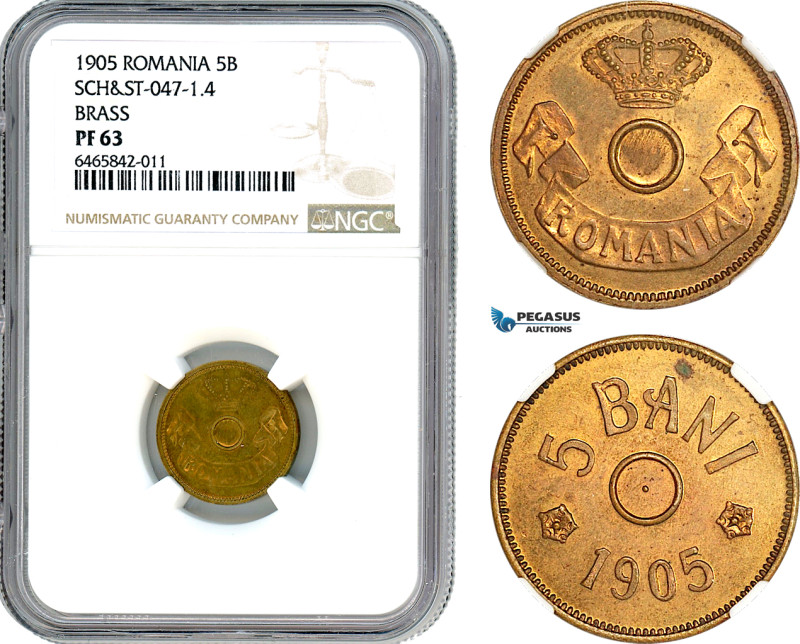 Romania, Carol I, Pattern 5 Bani 1905, Brussels mint, Brass, No center hole, coi...