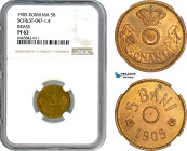 Romania, Carol I, Pattern 5 Bani 1905, Brussels mint, Brass, No center hole, coin rotation, Schäffer/Stambuliu 047-1.4, NGC PF63, Rare!
