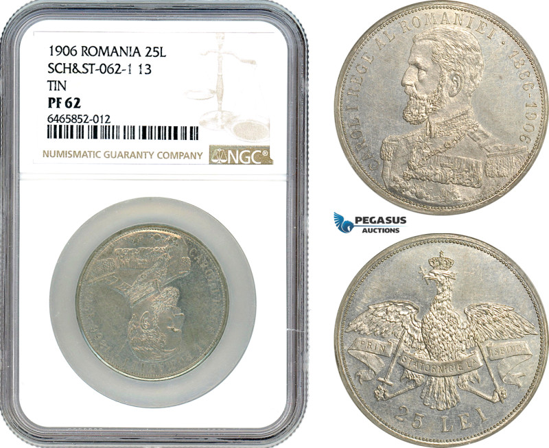Romania, Carol I, Pattern 25 Lei 1906, Brussels Mint, Tin, Schäffer/Stambuliu 06...